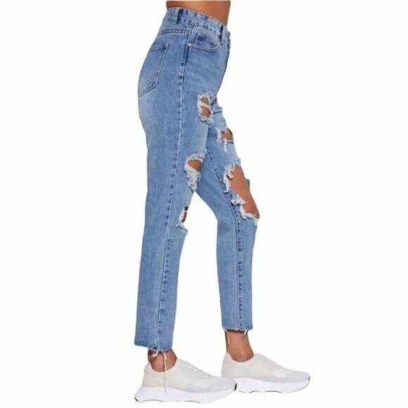 Momokrom High Waisted Straight‎ Leg Mom Super Distressed Raw Hem Jean Size 6 - Picture 2 of 13